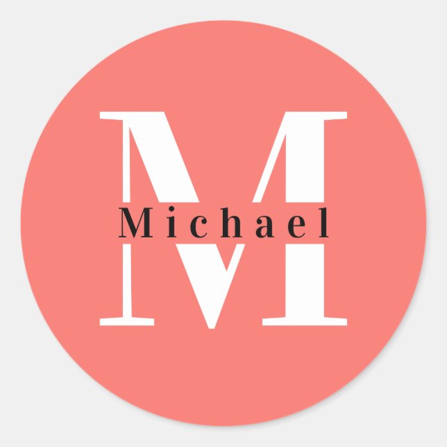 Sticker Rond Corail moderne simple Nom Monogramme + Initiale (Devant)