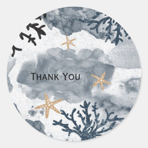Sticker Rond Corail Nautique Bleu Aquarelle Élégante Fête