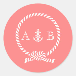 Sticker Rond Corail Nautique et Monogramme Ancre