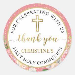 Sticker Rond Corail rose Floral or première communion Merci