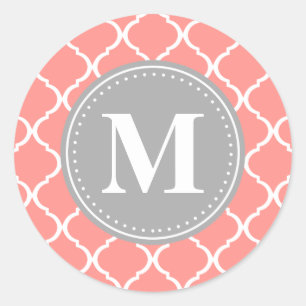 Sticker Rond Corail rose latex marocain Gris Monogramme