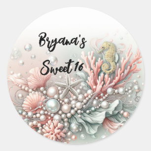 Sticker Rond Corail Rose & Perles Sous la Mer Douce 16 ans