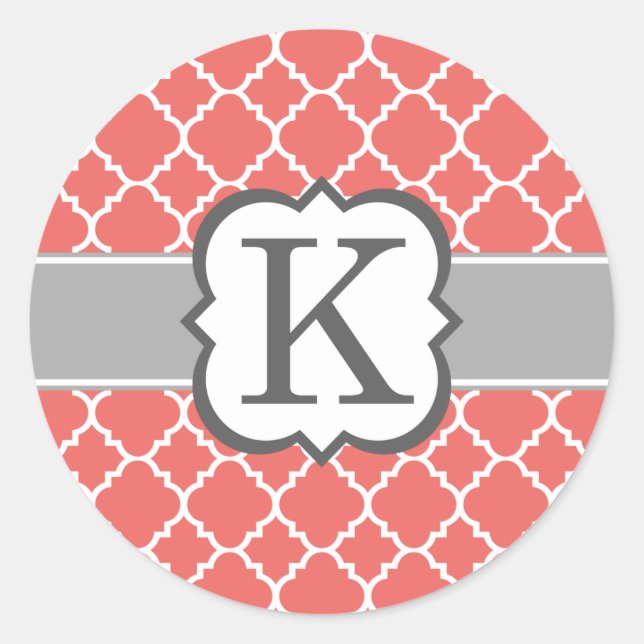 Sticker Rond Coral blanc monogramme K Quatrefoil (Devant)