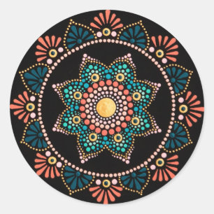 Sticker Rond Coral bleu Mandala, Géométrie Sacrée Boho Ethnique
