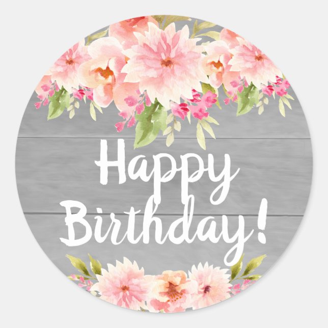 Sticker Rond Coral dahlia fleurs gris heureux anniversaire (Devant)
