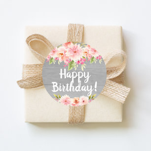 Sticker Rond Coral dahlia fleurs gris heureux anniversaire