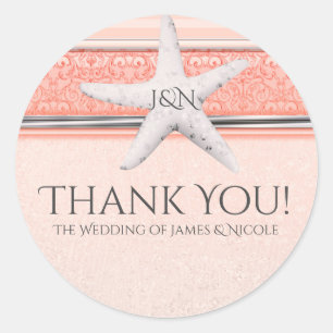 Sticker Rond Coral Orange & White Starfish Plage Mariage Favori