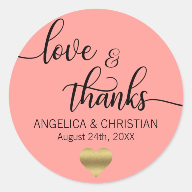 Sticker Rond CORAL Peach Gold LOVE & MERCI Mariage (Devant)