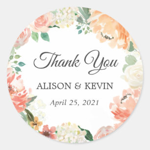 Sticker Rond Coral Pêche Florale Wreath Wedding Favor Merci