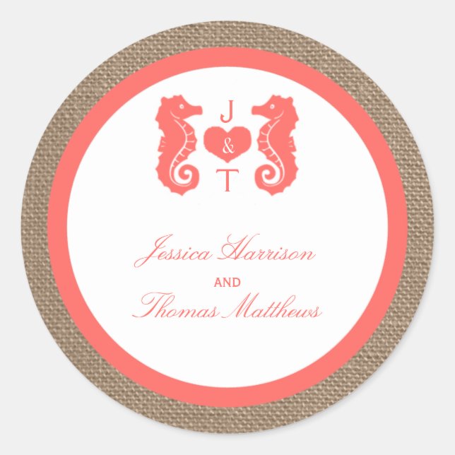Sticker Rond Coral Seahorse Burlap Beach Wedding Collection (Devant)