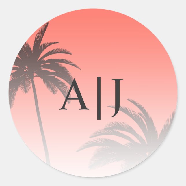 Sticker Rond Coral Tropical Palm Tree Beach Monogramme Mariage (Devant)