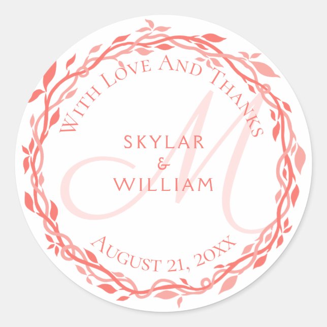 Sticker Rond Coral Woodsy Mariage Monogramme Amour Et Merci (Devant)