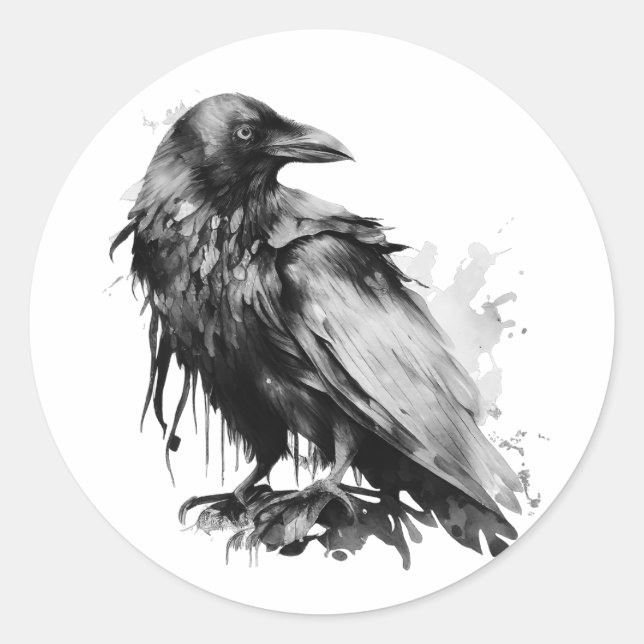 Sticker Rond Corbeau aquarelle - B&W (Devant)