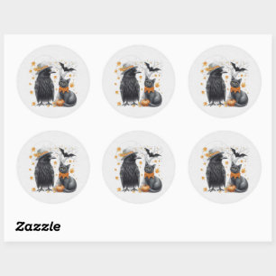 Sticker Rond Corbeau et chat Halloween Automne Crow