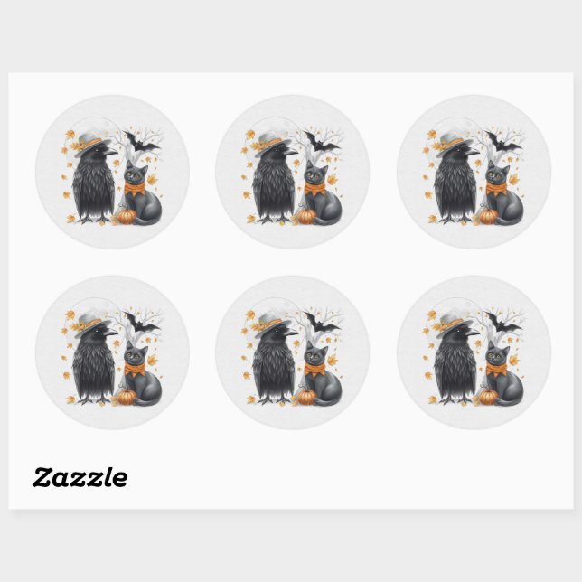 Sticker Rond Corbeau et chat Halloween Automne Crow (Feuille)
