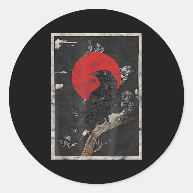 Sticker Rond Corbeau noir corbeau rouge lune (Devant)