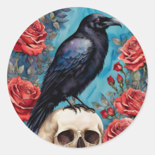 Sticker Rond Corbeau sur le crâne Roses rouges nuit