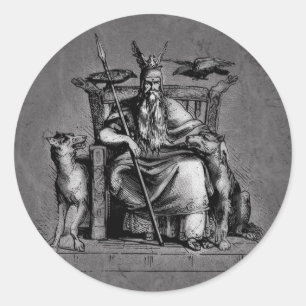 Sticker Rond Corbeaux d'Odin sur son trône de pierre mythologie