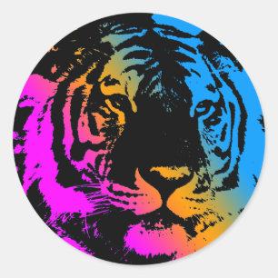 Sticker Rond COREY TIGER 1980's RETRO TIGER FACE MULTI COULEURS