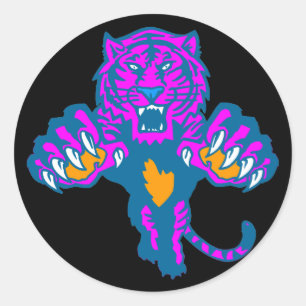 Sticker Rond Corey Tiger 80s Vintage Tigre Féroce qui Bondit