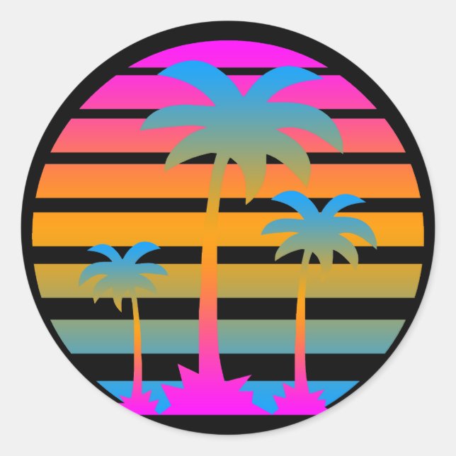 STICKER ROND COREY TIGER RETRO SUNSET PALMIERS (Devant)
