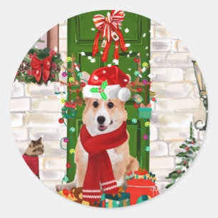 Sticker Rond corgi Chien Noël