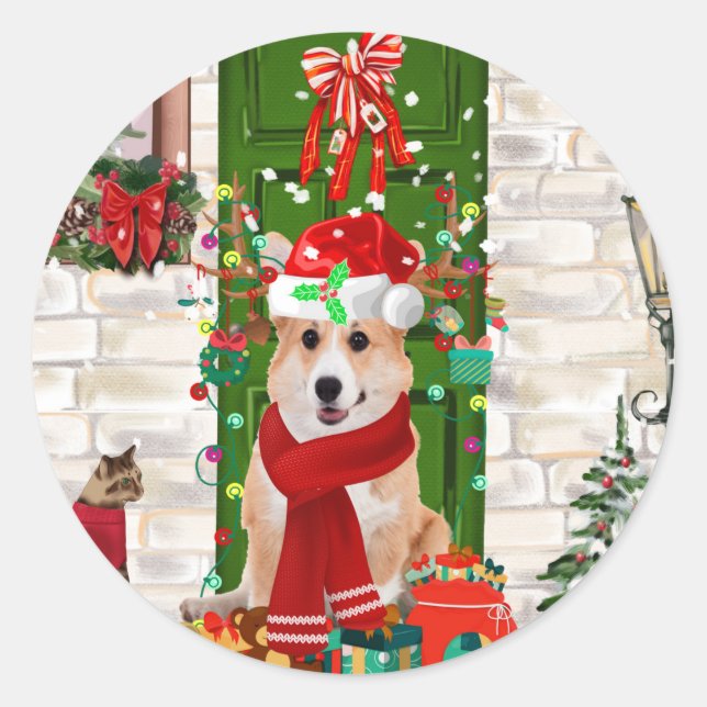 Sticker Rond corgi Chien Noël (Devant)