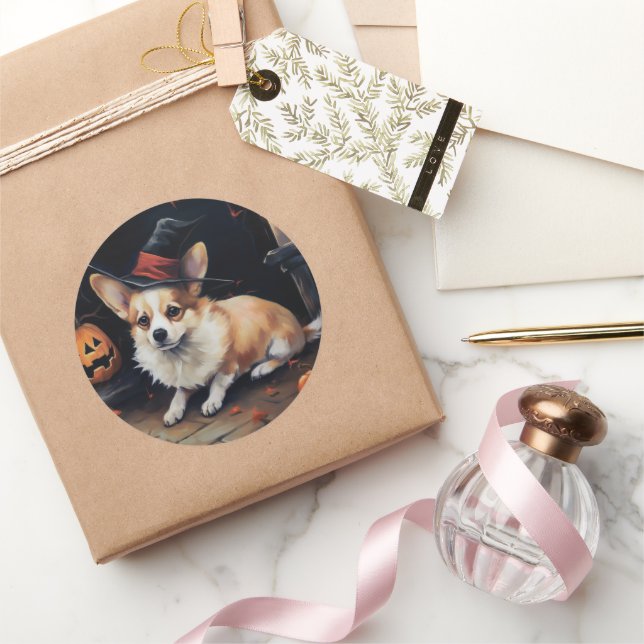 Sticker Rond Corgi Citrouille Halloween effroi (Cadeaux)