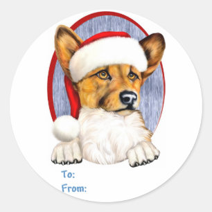 Sticker Rond Corgi Cristmas Père Noël Tags cadeaux