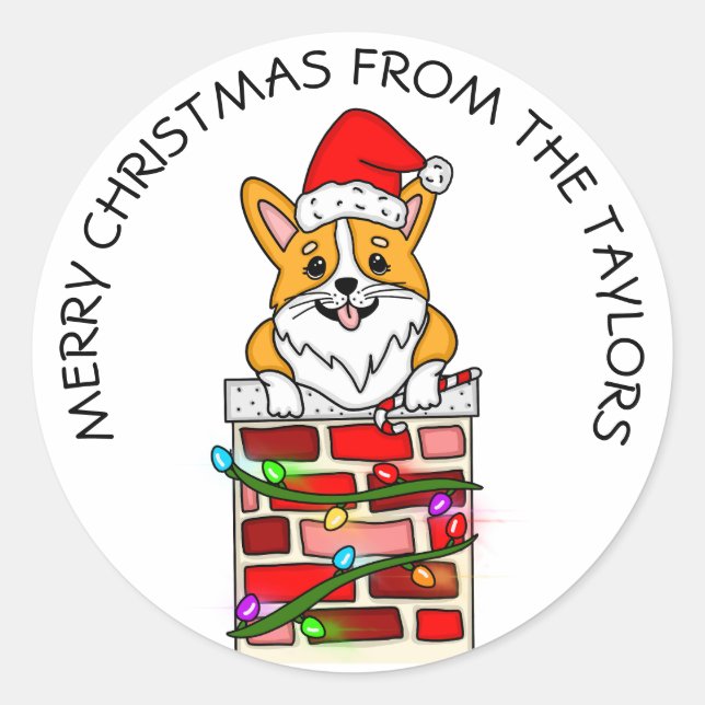 Sticker Rond Corgi de Noël personnalisé (Devant)
