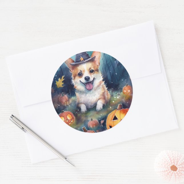 Sticker Rond Corgi d'Halloween avec la peur Citrouille (Enveloppe)