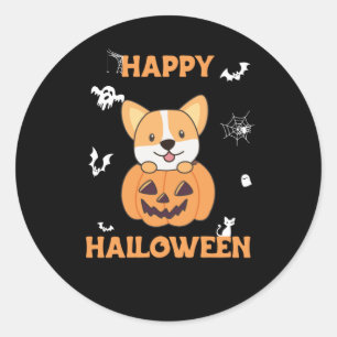 Sticker Rond Corgi En Chiens Citrouilles Cutes Joyeux Halloween