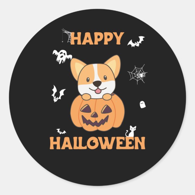 Sticker Rond Corgi En Chiens Citrouilles Cutes Joyeux Halloween (Devant)