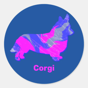 Sticker Rond Corgi - Gallois Pembroke Chien rose et bleu Silhou