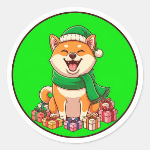 Sticker Rond Corgi heureux en écharpe d'hiver et chapeau de Pèr