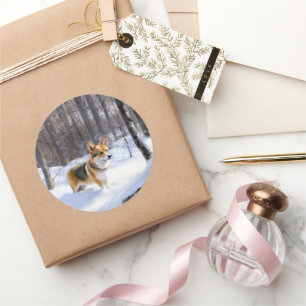 Sticker Rond Corgi Noël sous la neige