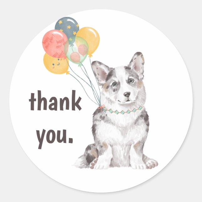 Sticker Rond Corgi personnalisable Anniversaire Merci de fête (Devant)