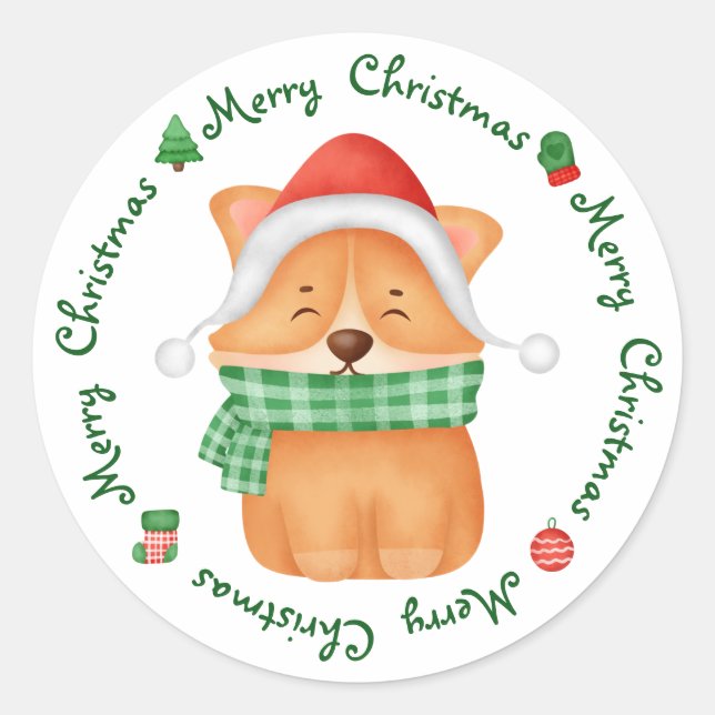 Sticker Rond Corgi Puppy Père Noël Chien mignonne Festin Joyeux (Devant)