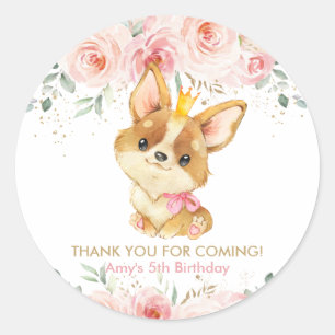 Sticker Rond Corgi rose floral rousse Chien chiot Merci Favoris