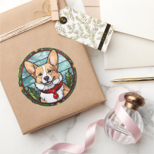 Sticker Rond Corgi vitrail de Noël