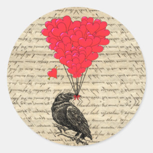 Sticker Rond Corneille vintage et ballons en forme de coeur