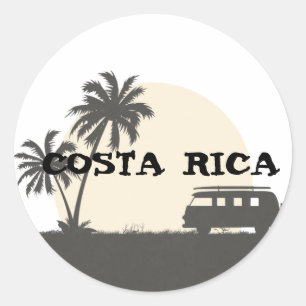 Sticker Rond Costa Rica Hippy Van et Surf Board en clair de lun