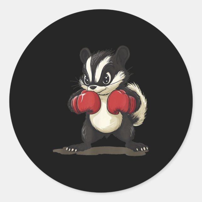 Sticker Rond Costume De Skunk Drôle Avec Gants De Boxe Pour Gar (Devant)