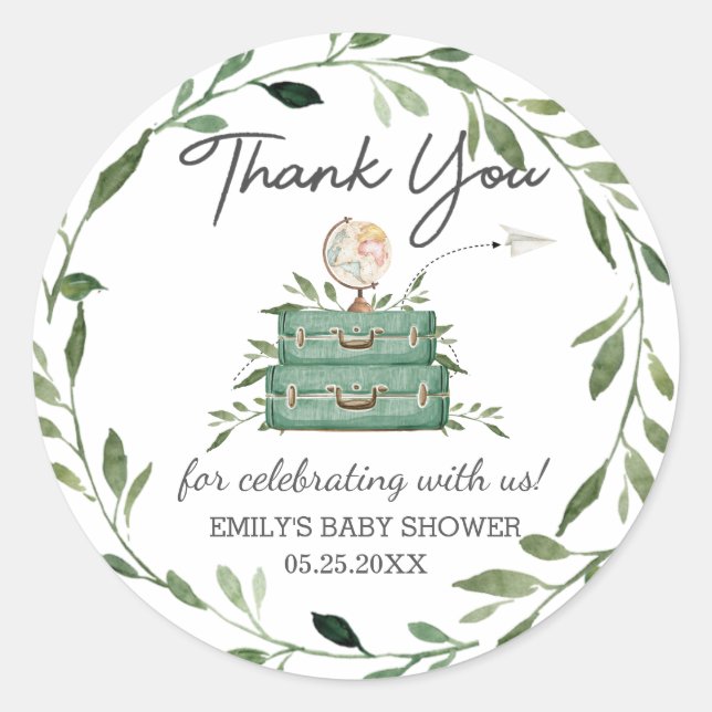 Sticker Rond Costume de voyage pour Baby Shower Aventure de ver (Devant)