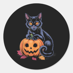 Sticker Rond Costume Halloween Citrouille Chat Noir Rétro Autom