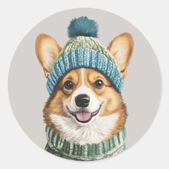 Sticker Rond Cosy Corgi en hiver (Devant)