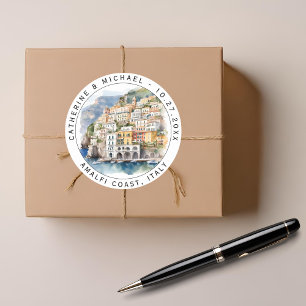 Sticker Rond Côte d'Amalfi Italie Aquarelle Destination Mariage