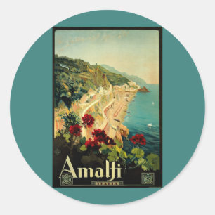 Sticker Rond Côte italienne d'Amalfi, affiche de voyage vintage