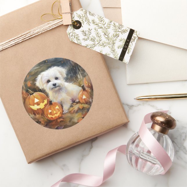 Sticker Rond Coton De Tulear Halloween Avec Peur Citrouille (Cadeaux)