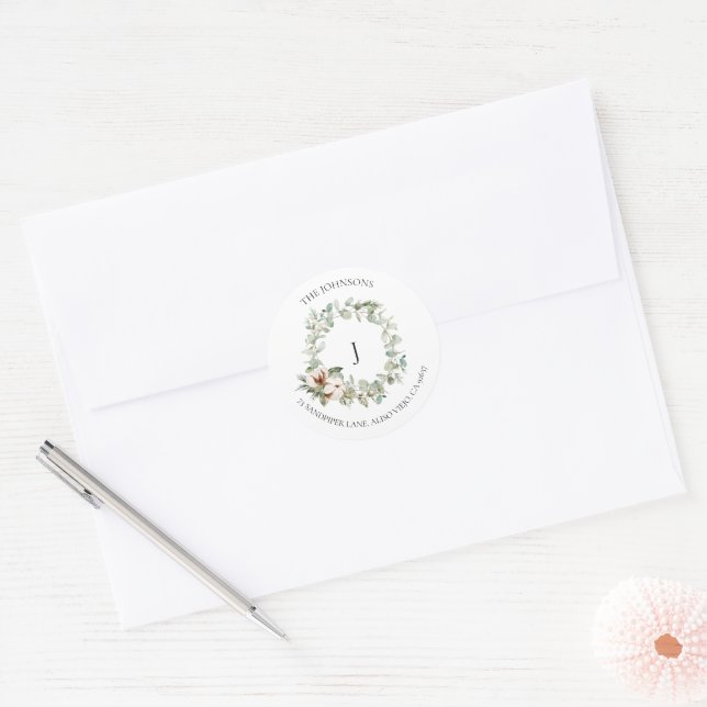 Sticker Rond Coton Hiver Verdure Wreath Monogramme Classic Rou (Enveloppe)